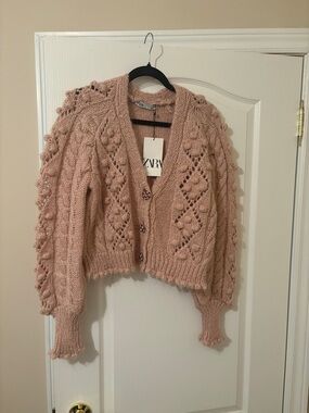ZARA Blush Pink Cable & Bobble Knit Cardigan
